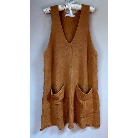FP Beach Sleeveless Dress Medium Ribbed Knit Mini V-Neck Brown Pockets Beachy - Picture 1 of 9